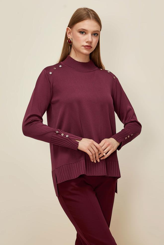 Hijab clothing CLARET RED BUTTON DETAILED KNITWEAR SWEATER 45879 - ALVİNA