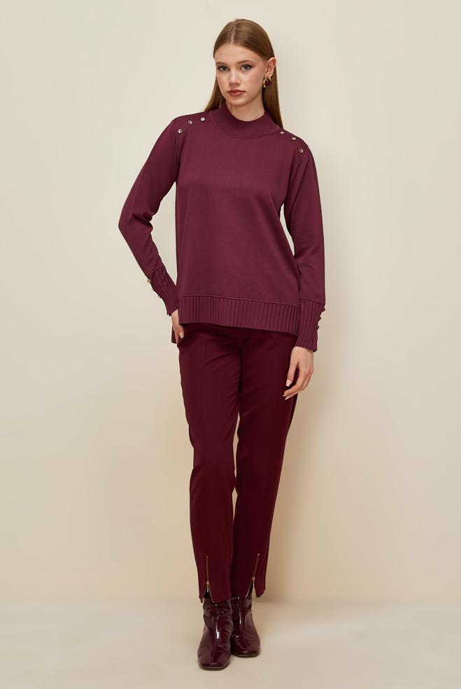 Hijab clothing CLARET RED BUTTON DETAILED KNITWEAR SWEATER 45879 - ALVİNA