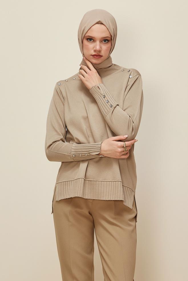 Hijab-Kleidung BEIGE STRICKPULLOVER MIT KNOPFDETAIL 45879 - ALVİNA