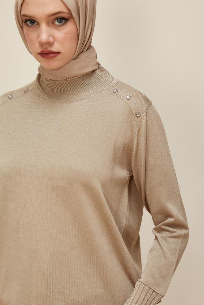 Hijab-Kleidung BEIGE STRICKPULLOVER MIT KNOPFDETAIL 45879 - ALVİNA