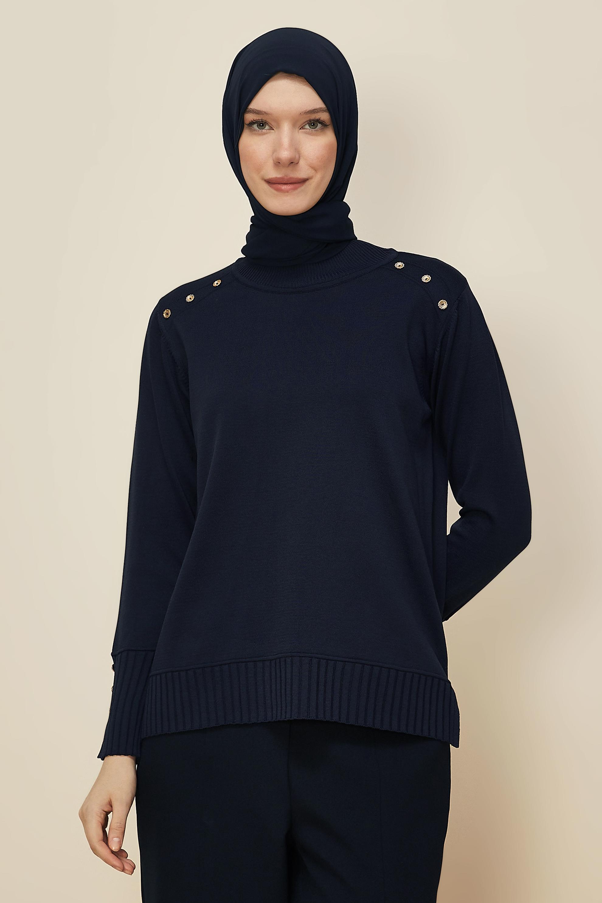 Hijab clothing NAVY BLUE BUTTON DETAILED KNITWEAR SWEATER 45879