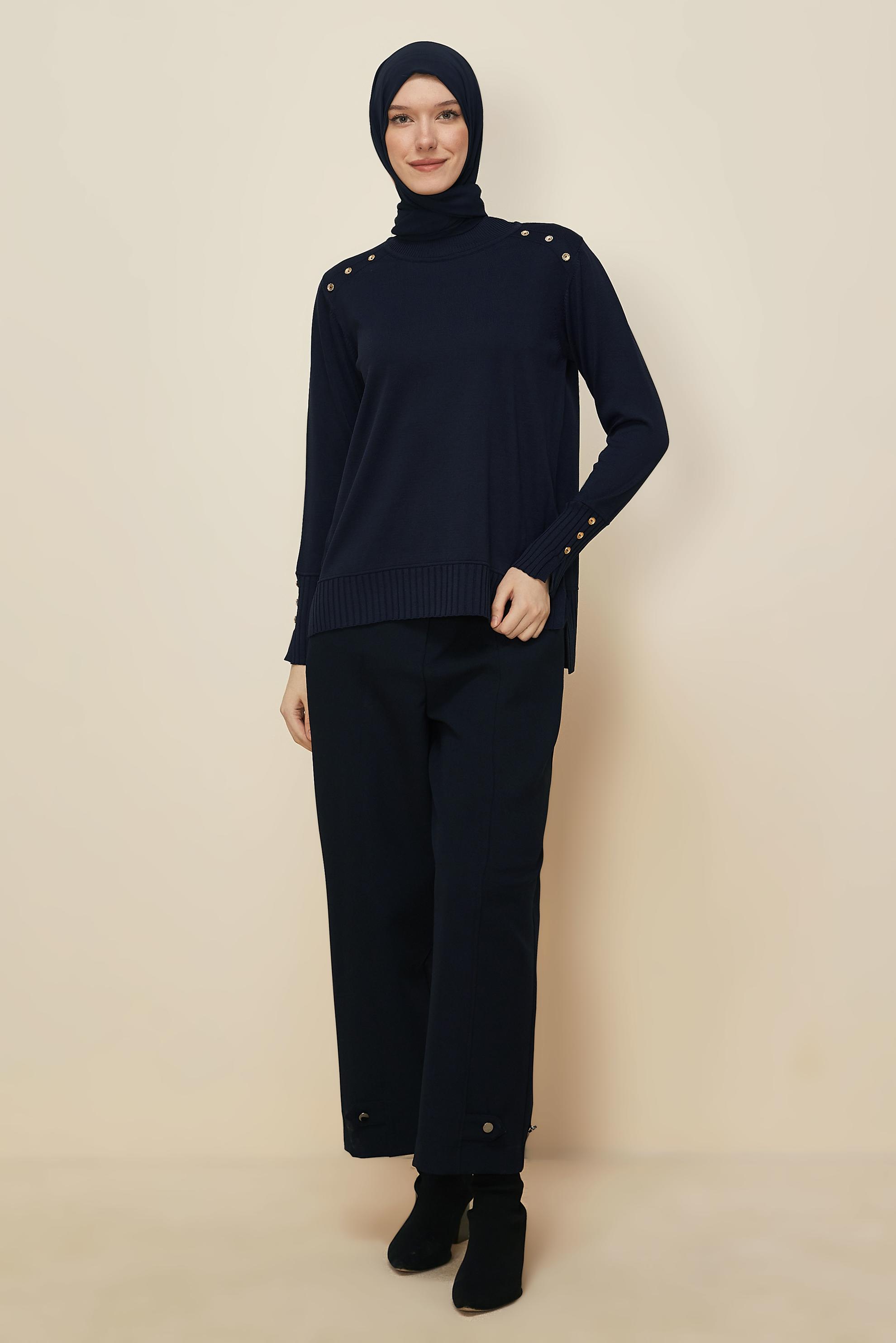 Hijab clothing NAVY BLUE BUTTON DETAILED KNITWEAR SWEATER 45879