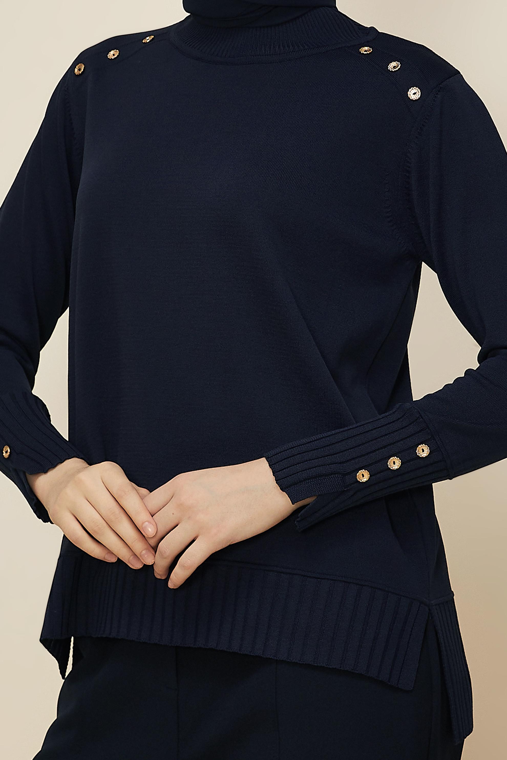 Hijab clothing NAVY BLUE BUTTON DETAILED KNITWEAR SWEATER 45879
