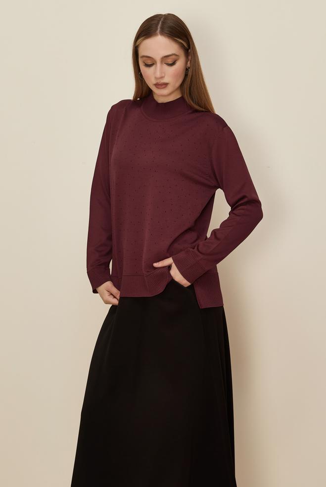 Hijab clothing CLARET RED GEM DETAILED KNITWEAR SWEATER 45881 - ALVİNA