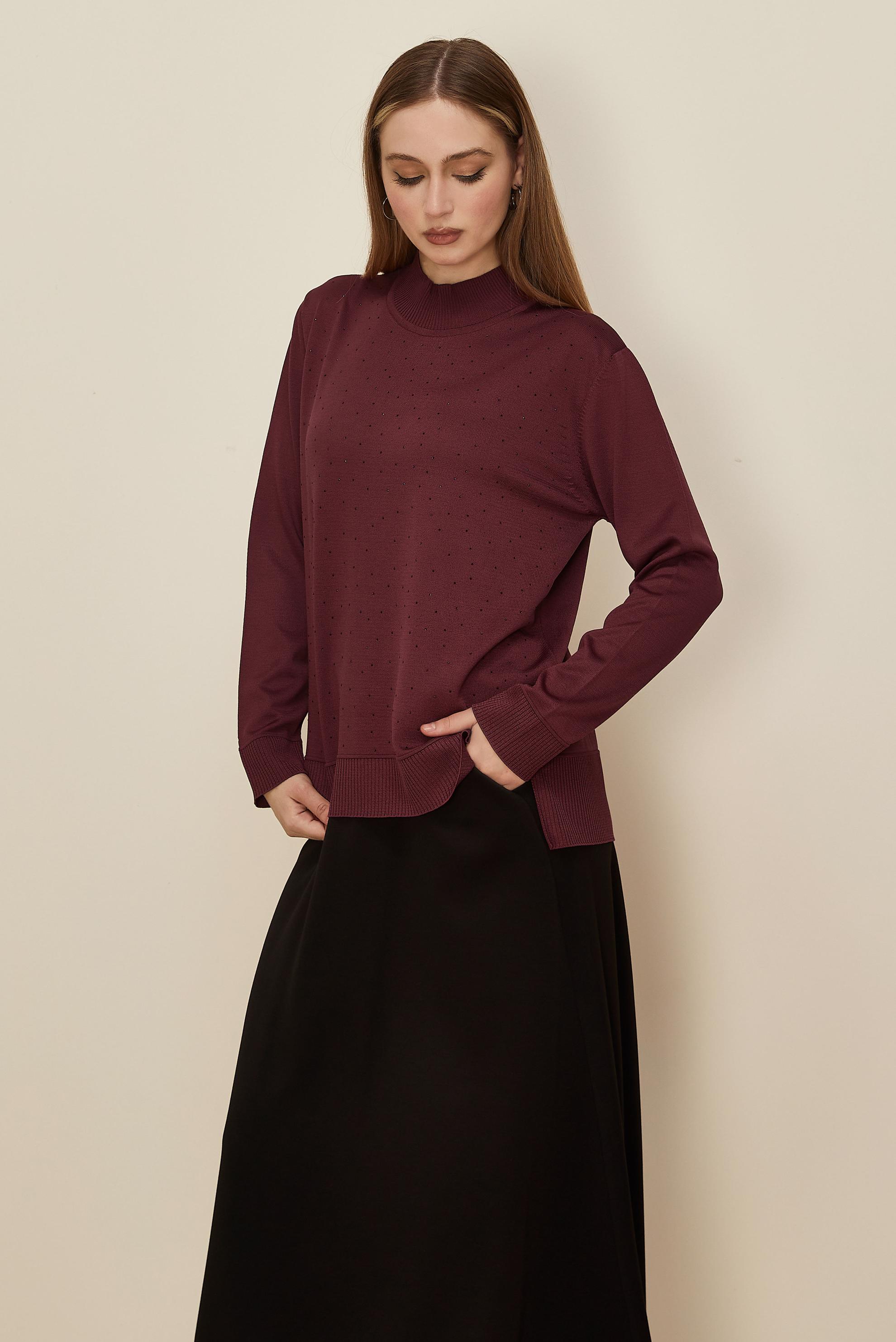 Hijab clothing CLARET RED GEM DETAILED KNITWEAR SWEATER 45881