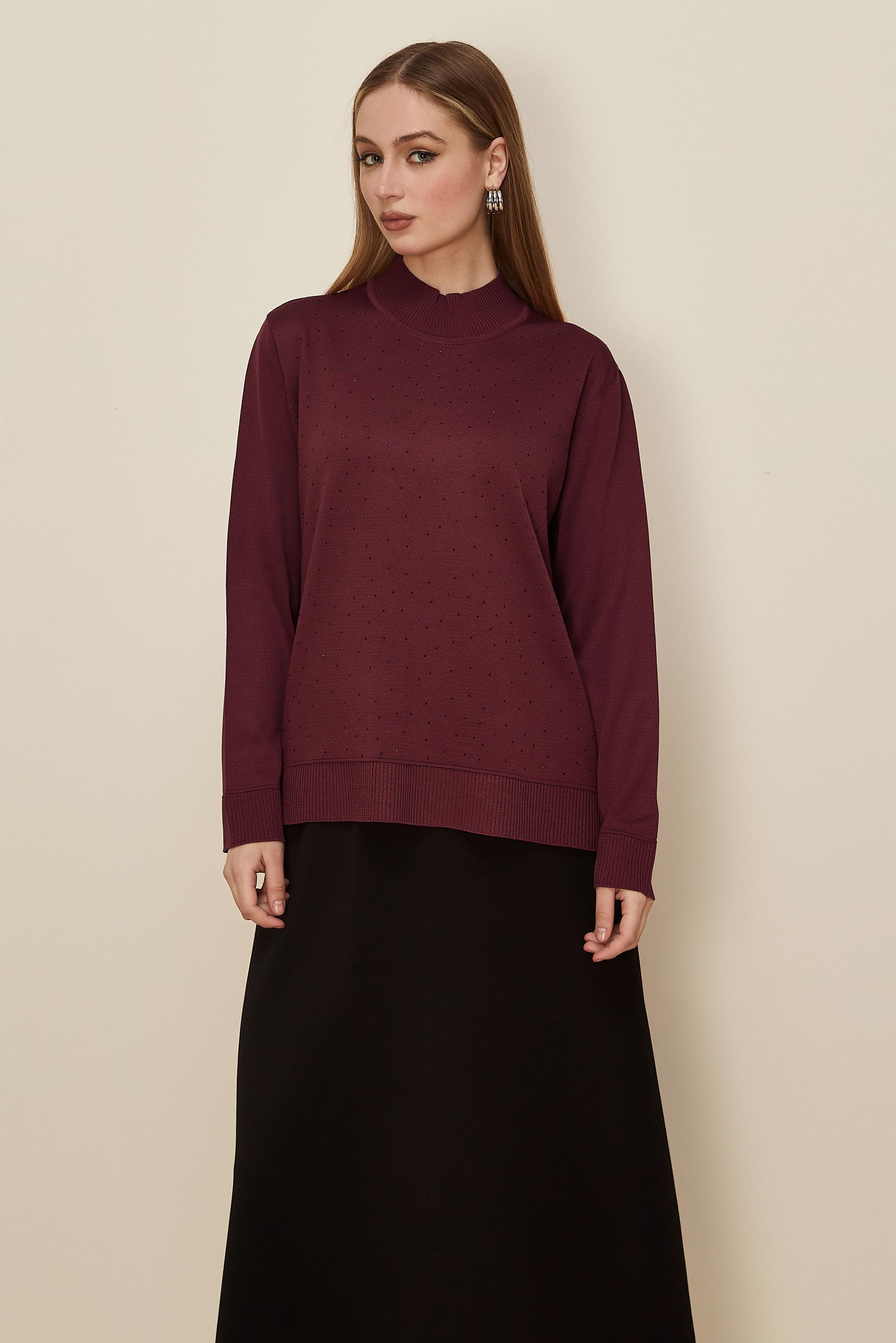 Hijab clothing CLARET RED GEM DETAILED KNITWEAR SWEATER 45881