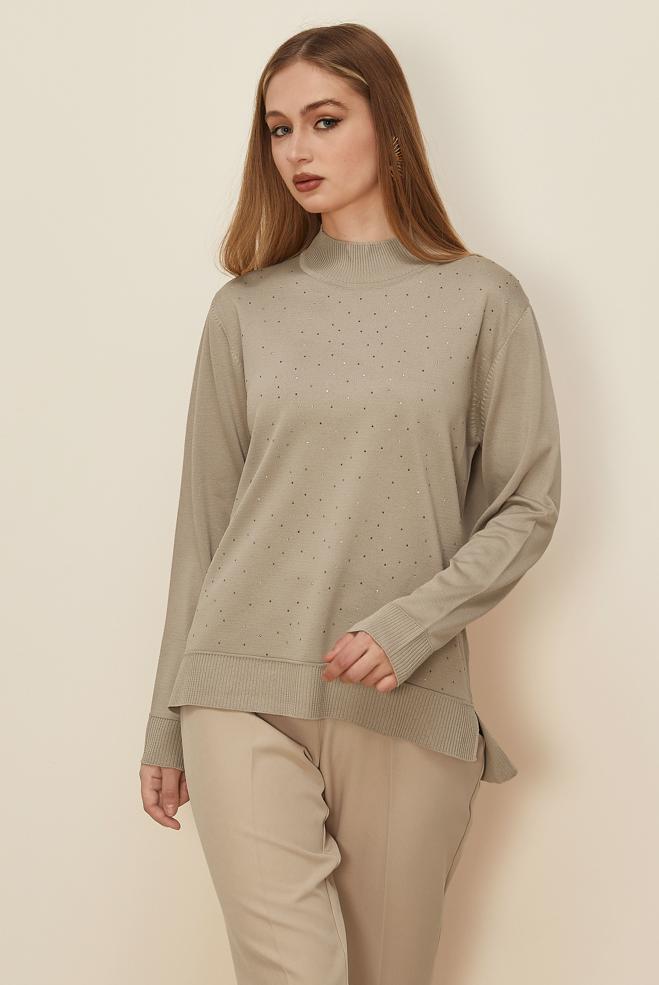 Hijab clothing BEIGE GEM DETAILED KNITWEAR SWEATER 45881 - ALVİNA