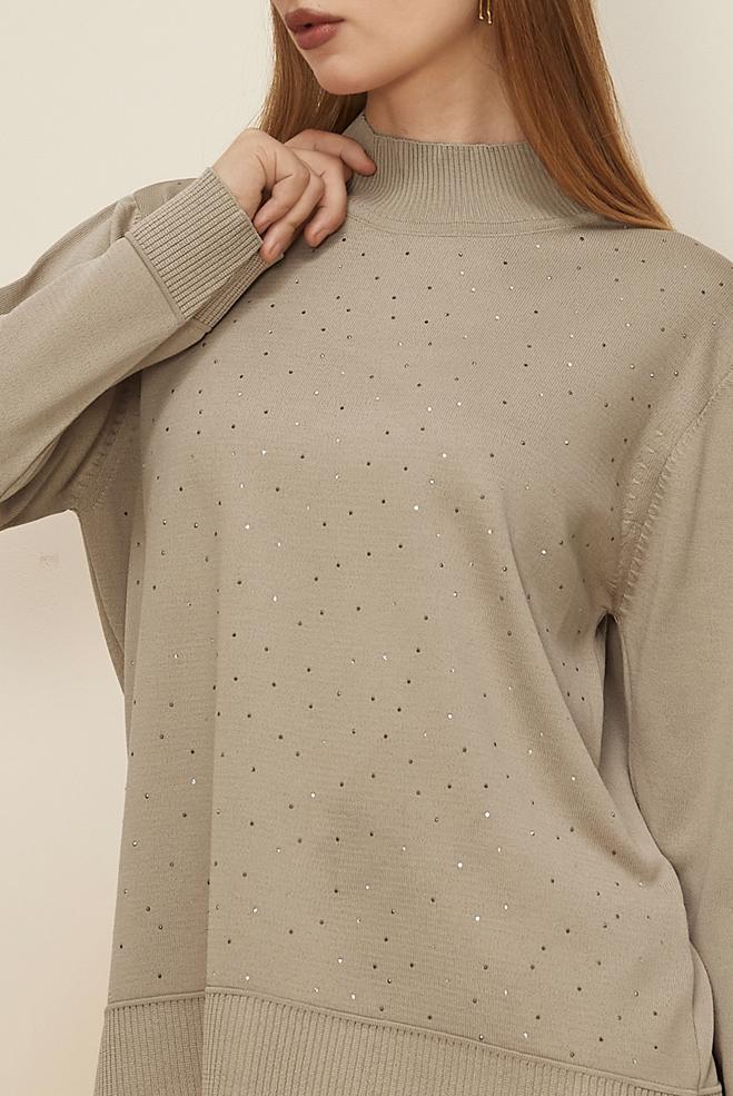 Hijab clothing BEIGE GEM DETAILED KNITWEAR SWEATER 45881 - ALVİNA