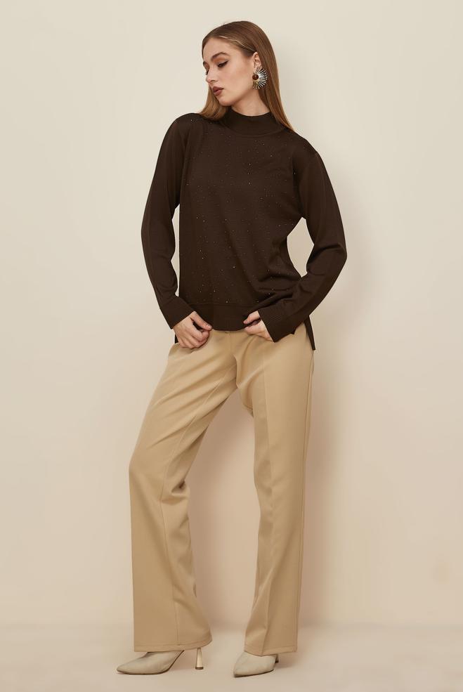 Hijab clothing BROWN GEM DETAILED KNITWEAR SWEATER 45881 - ALVİNA
