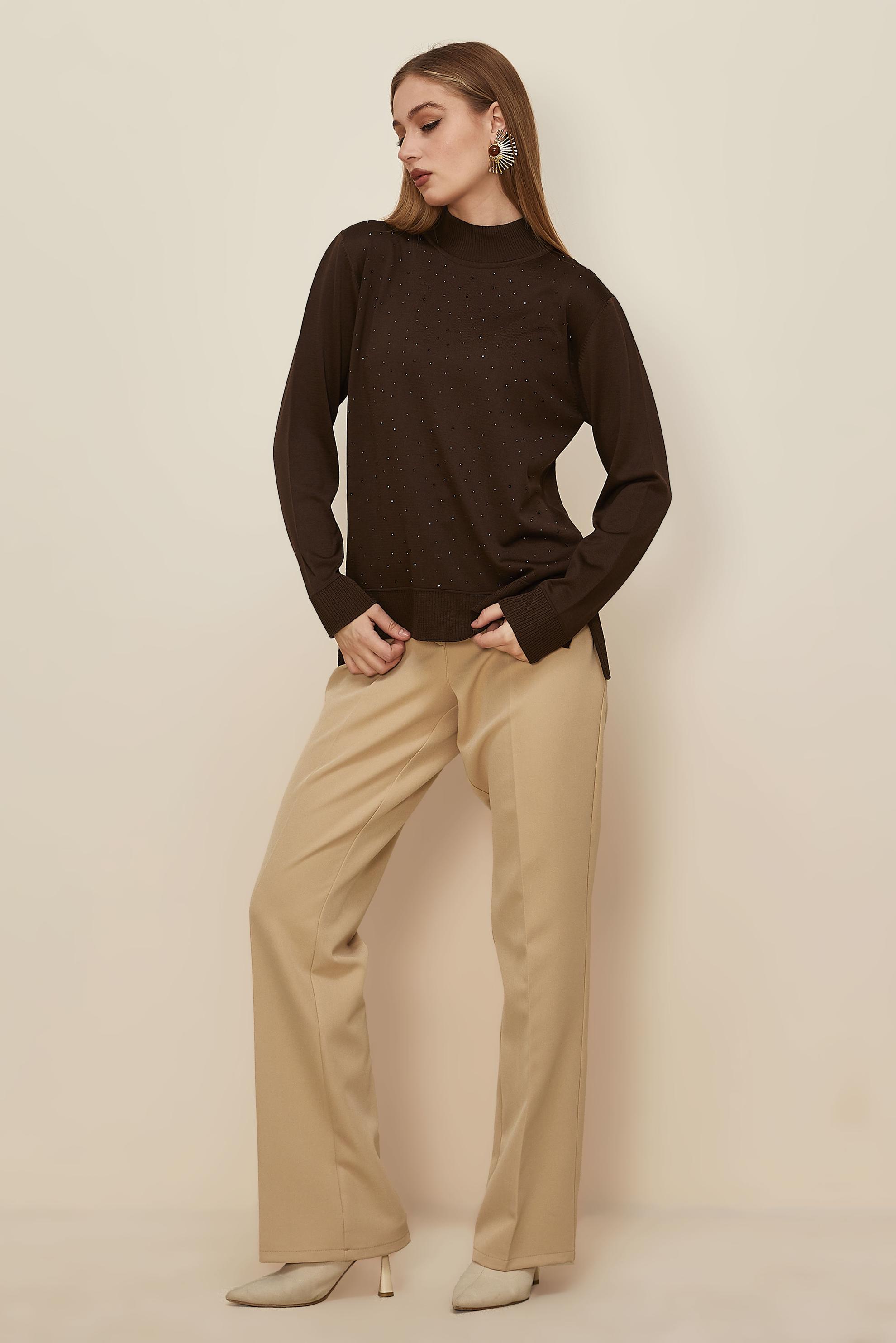 Tesettür giyim KAHVE TAŞ BASKILI TRİKO KAZAK 45881