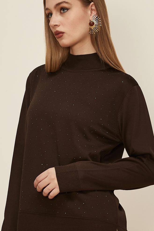 Hijab clothing BROWN GEM DETAILED KNITWEAR SWEATER 45881 - ALVİNA