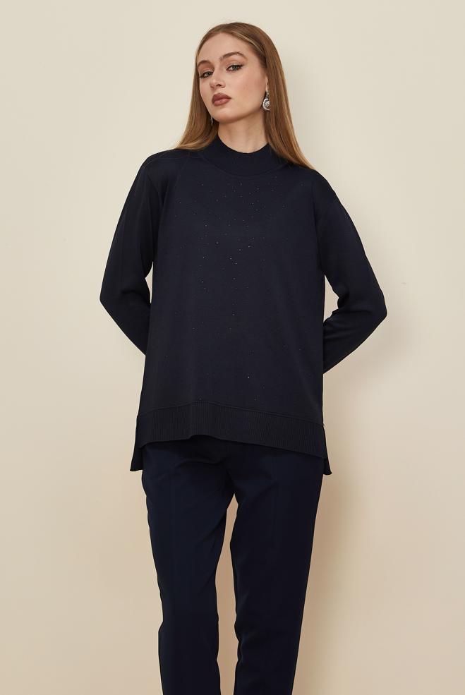 Hijab clothing NAVY BLUE GEM DETAILED KNITWEAR SWEATER 45881 - ALVİNA