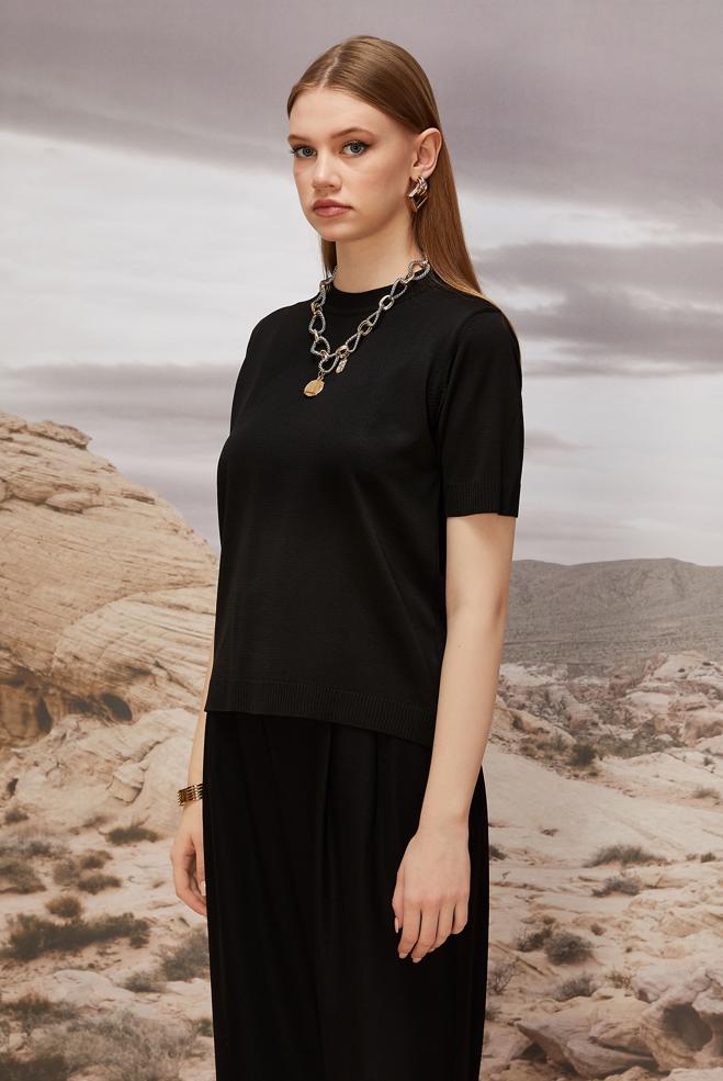 Hijab clothing BLACK SHORT SLEEVED KNITWEAR SWEATER 45904 - ALVİNA