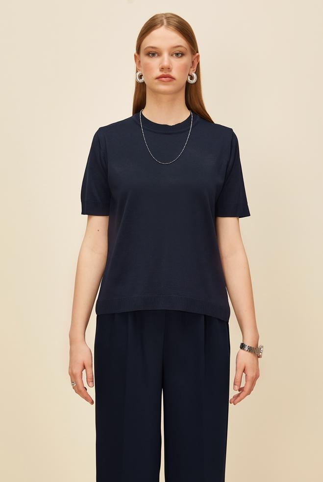 Hijab clothing NAVY BLUE SHORT SLEEVED KNITWEAR SWEATER 45904 - ALVİNA