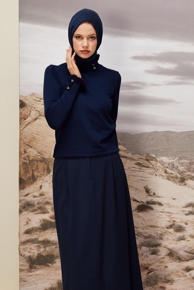 Hijab clothing NAVY BLUE GEM DETAILED KNITWEAR SWEATER 45928 - ALVİNA