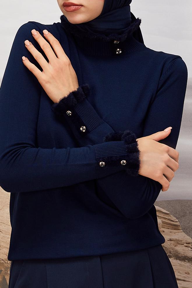 Hijab clothing NAVY BLUE GEM DETAILED KNITWEAR SWEATER 45928 - ALVİNA