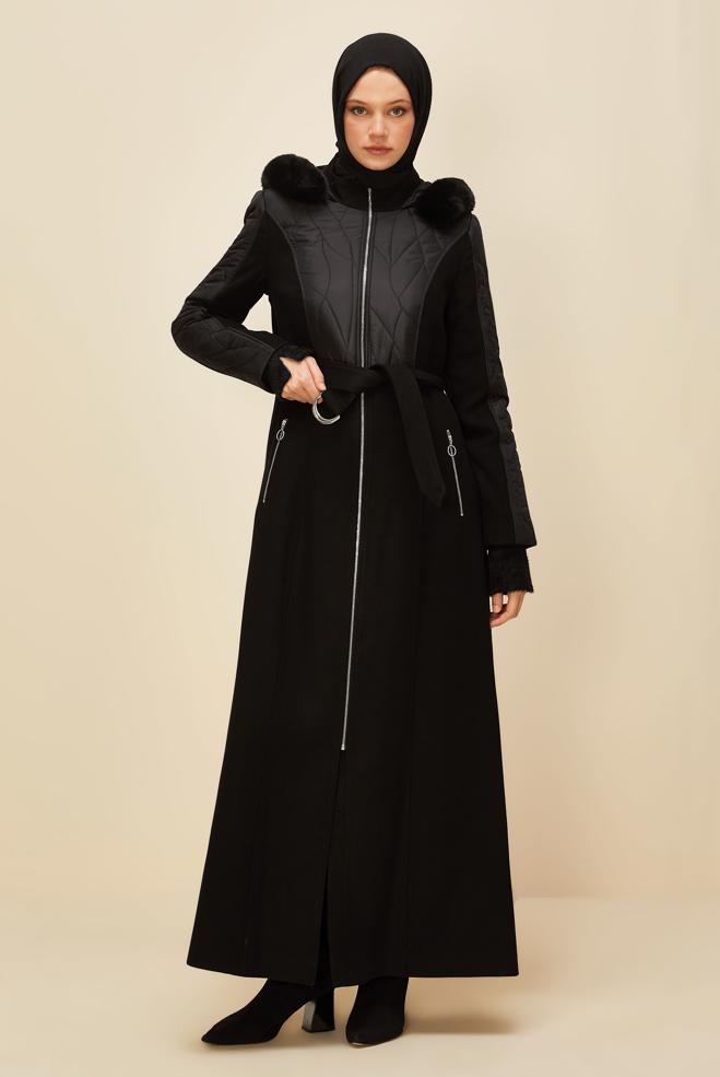 Tesettür giyim SİYAH KAPÜŞONLU MANTO 90581 - ALVİNA