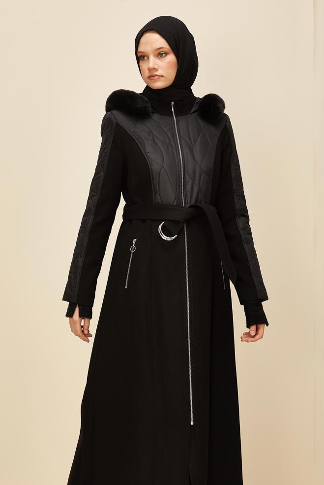 Tesettür giyim SİYAH KAPÜŞONLU MANTO 90581 - ALVİNA
