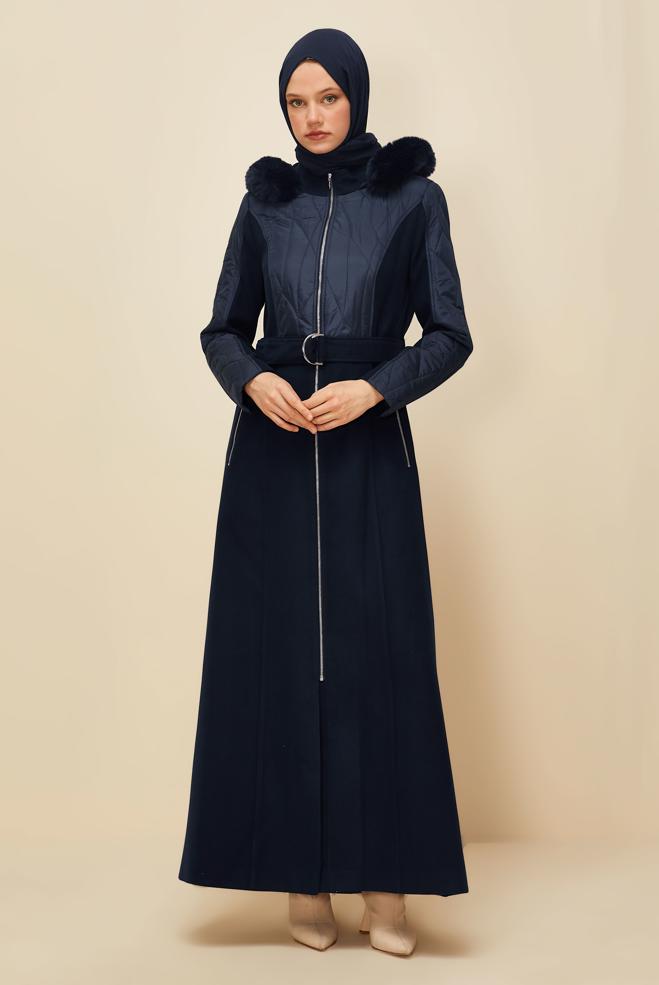 Tesettür giyim LACİVERT KAPÜŞONLU MANTO 90581 - ALVİNA