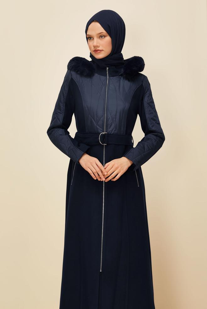 Tesettür giyim LACİVERT KAPÜŞONLU MANTO 90581 - ALVİNA