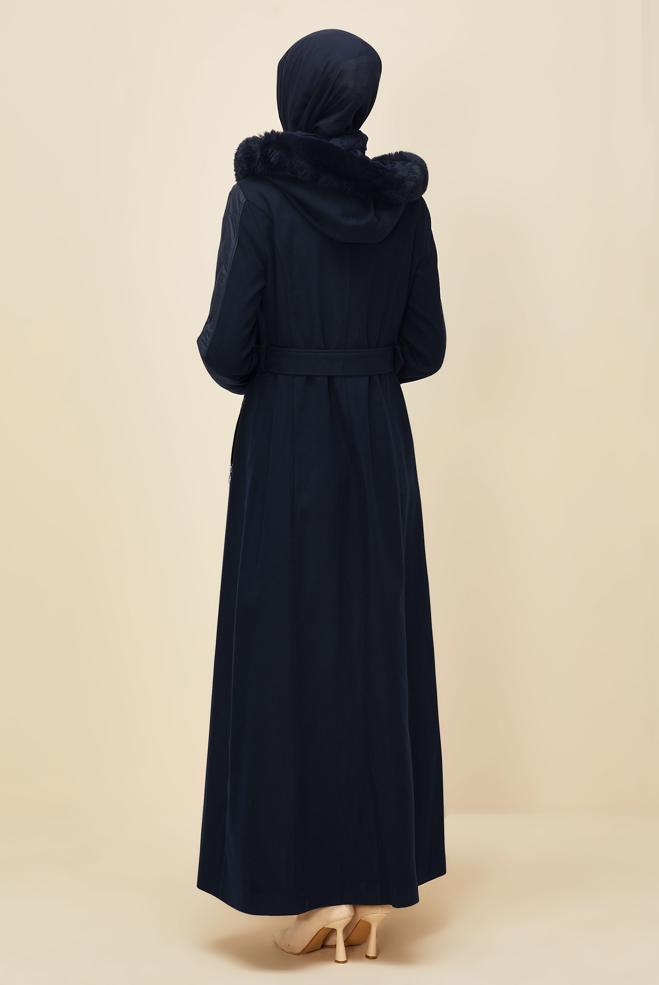 Tesettür giyim LACİVERT KAPÜŞONLU MANTO 90581 - ALVİNA