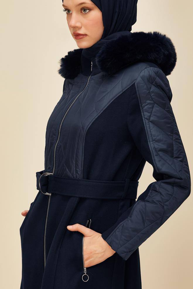 Tesettür giyim LACİVERT KAPÜŞONLU MANTO 90581 - ALVİNA