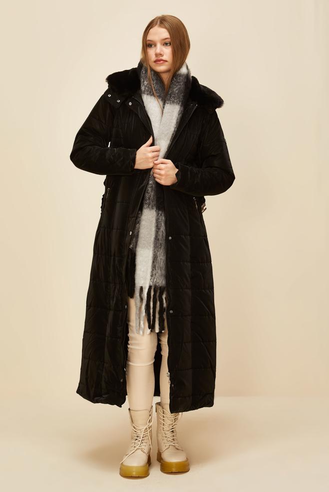 Vêtements hijab NOIR MANTEAU CEINTURÉ 90597 - ALVİNA