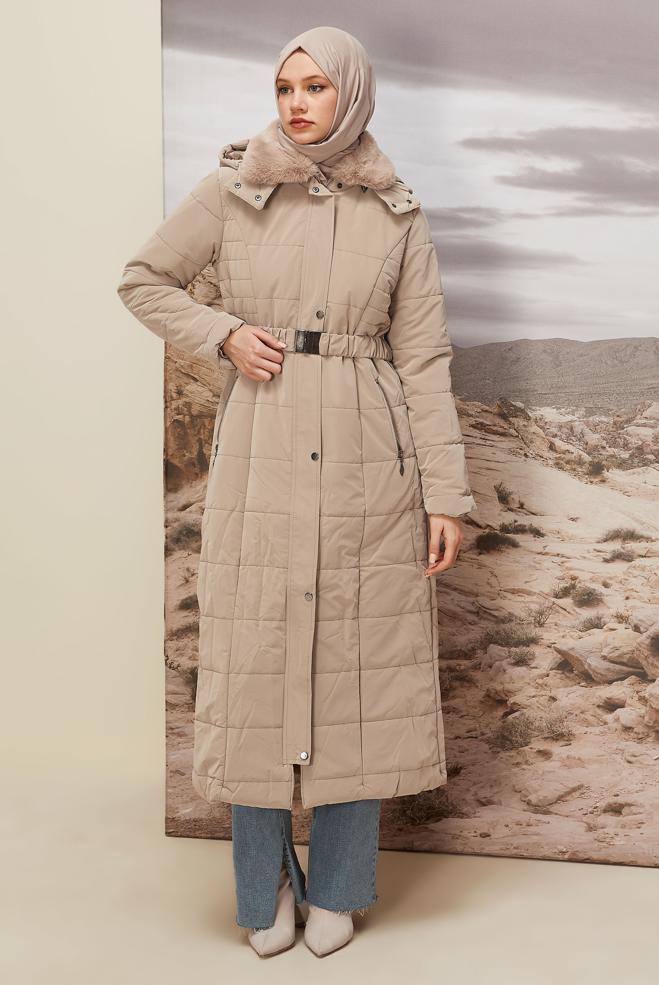 Vêtements hijab BEIGE MANTEAU CEINTURÉ 90597 - ALVİNA