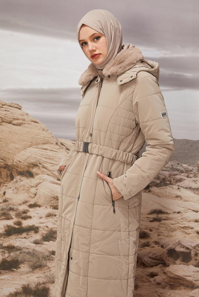 Vêtements hijab BEIGE MANTEAU CEINTURÉ 90597 - ALVİNA