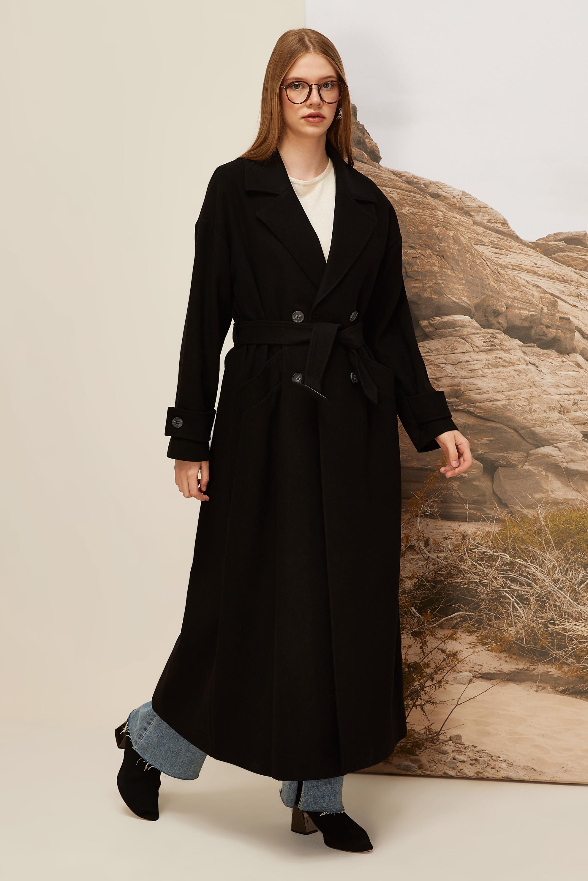 Vêtements hijab NOIR MANTEAU CACHE CEINTURÉ 90605