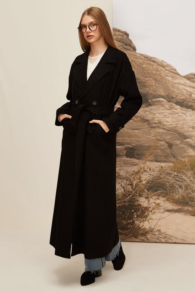 Tesettür giyim SİYAH KEMERLİ KAŞE MANTO 90605 - ALVİNA