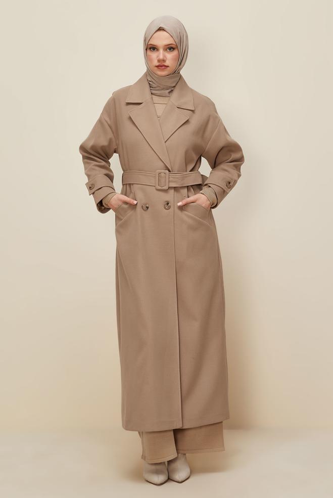 Tesettür giyim KAHVE KEMERLİ KAŞE MANTO 90605 - ALVİNA