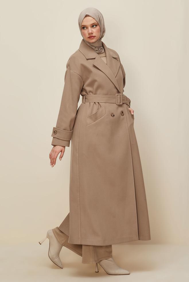 Tesettür giyim KAHVE KEMERLİ KAŞE MANTO 90605 - ALVİNA