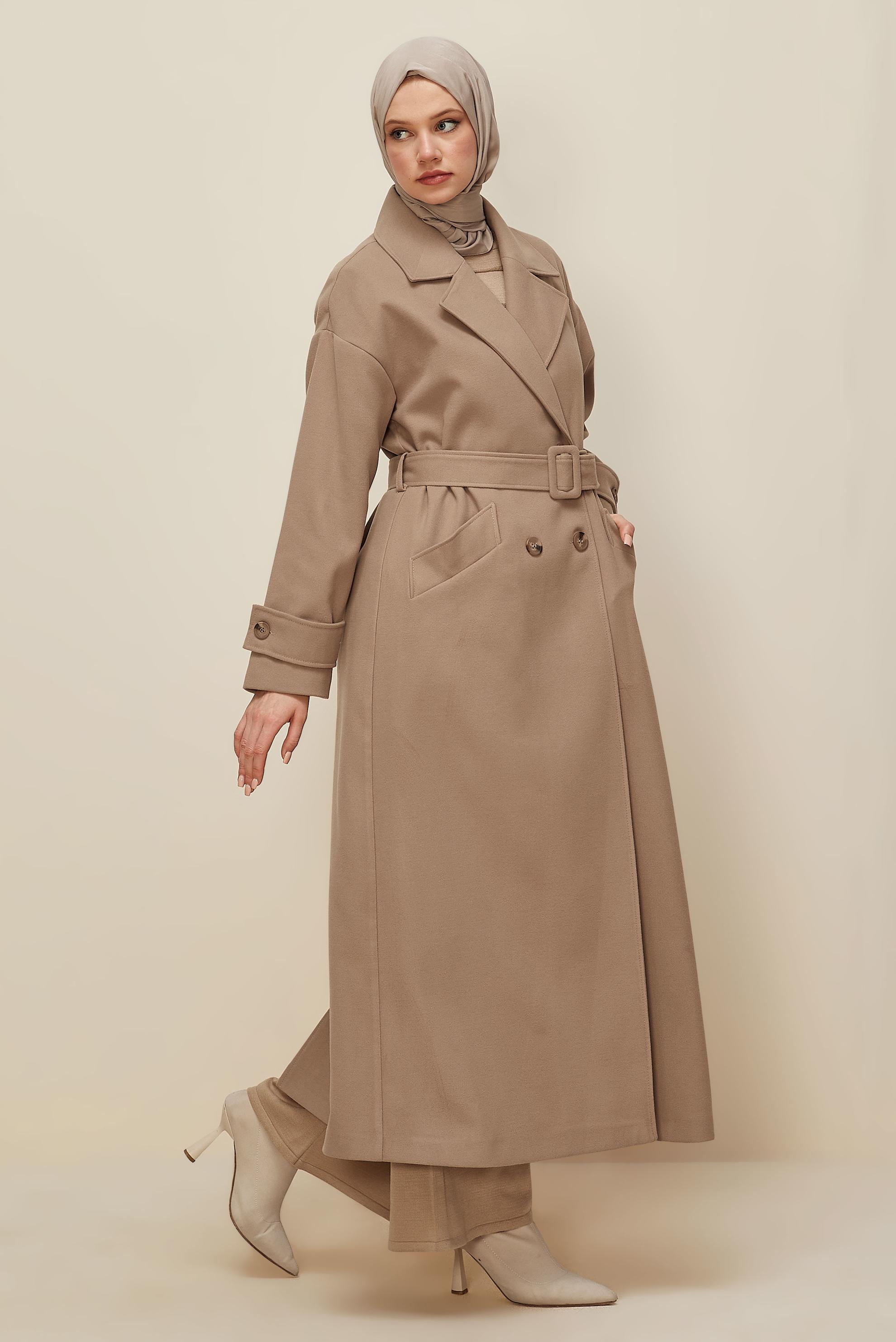 Tesettür giyim KAHVE KEMERLİ KAŞE MANTO 90605