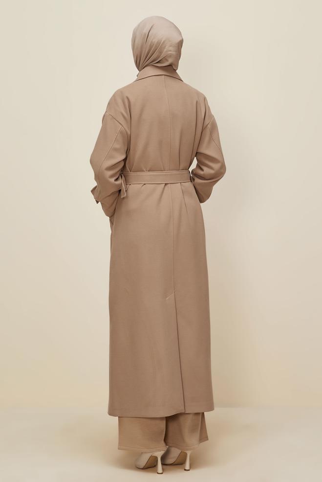 Tesettür giyim KAHVE KEMERLİ KAŞE MANTO 90605 - ALVİNA