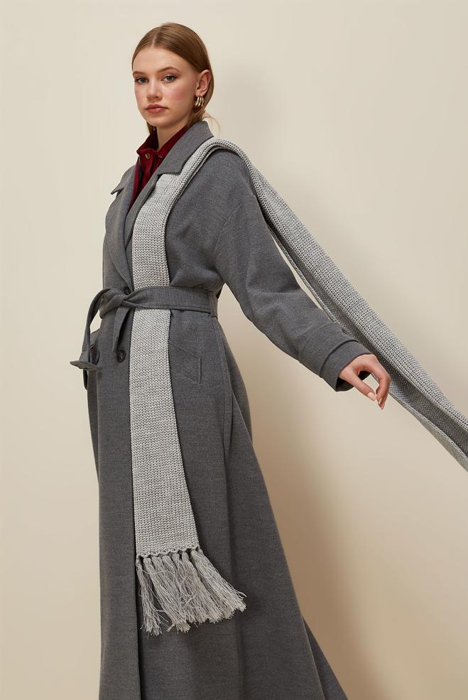 Tesettür giyim GRİ KEMERLİ KAŞE MANTO 90605 - ALVİNA