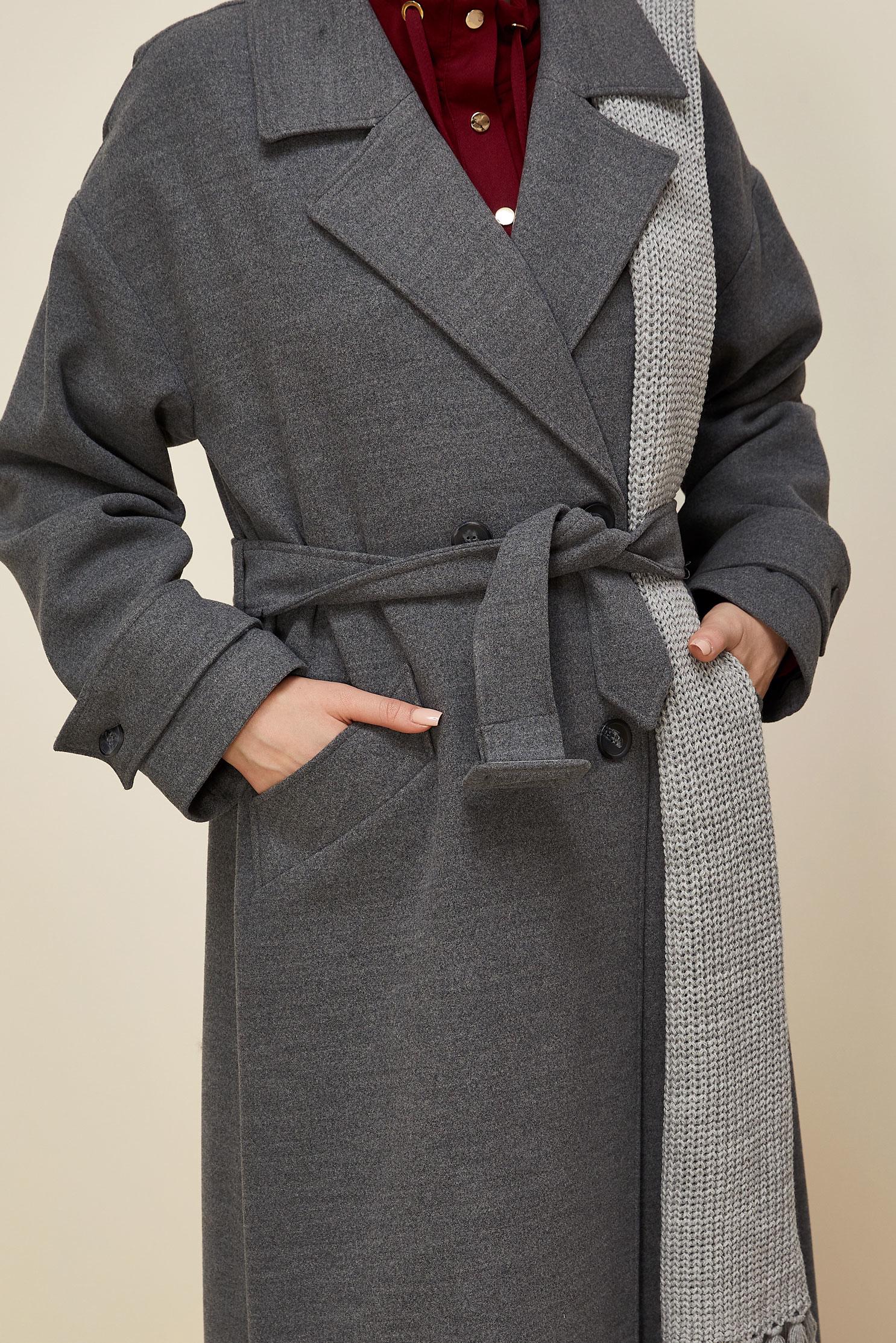 Tesettür giyim GRİ KEMERLİ KAŞE MANTO 90605