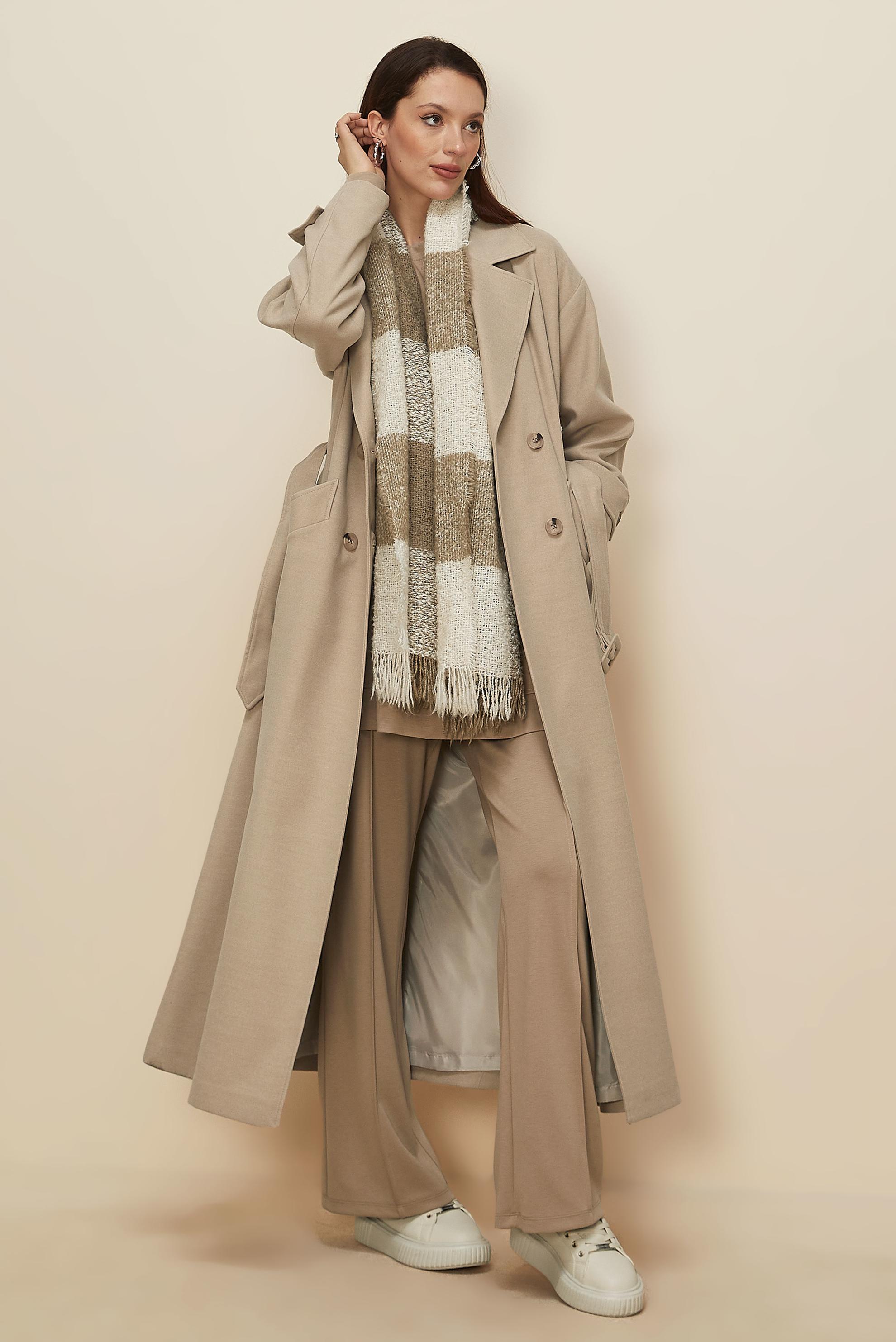 Tesettür giyim BEJ KEMERLİ KAŞE MANTO 90605