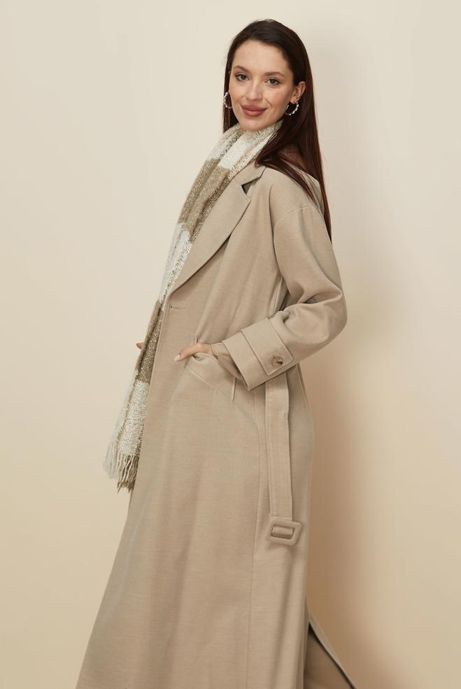 Tesettür giyim BEJ KEMERLİ KAŞE MANTO 90605 - ALVİNA