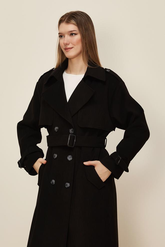 Tesettür giyim SİYAH KEMERLİ KAŞE MANTO 90635 - ALVİNA