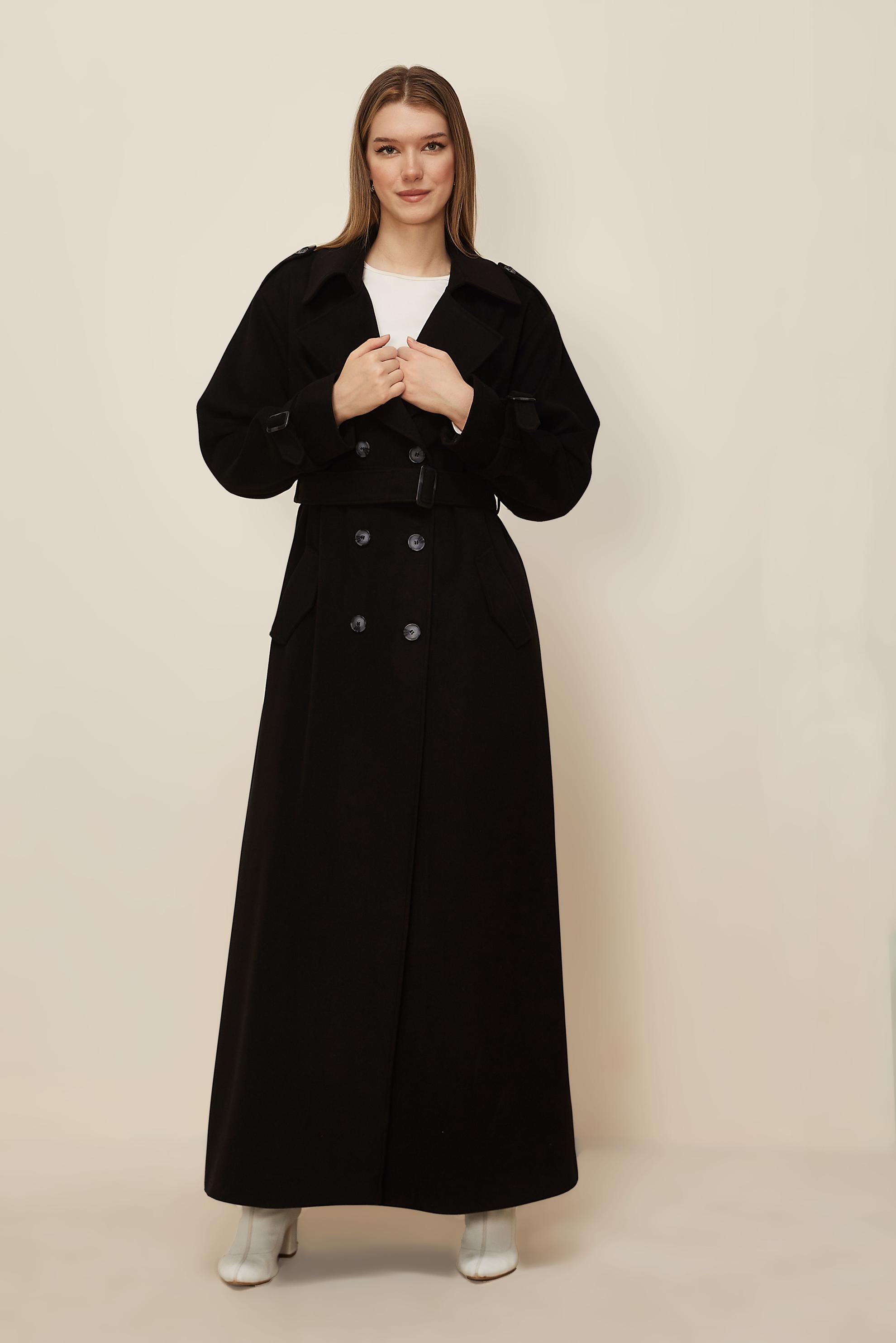 Tesettür giyim SİYAH KEMERLİ KAŞE MANTO 90635