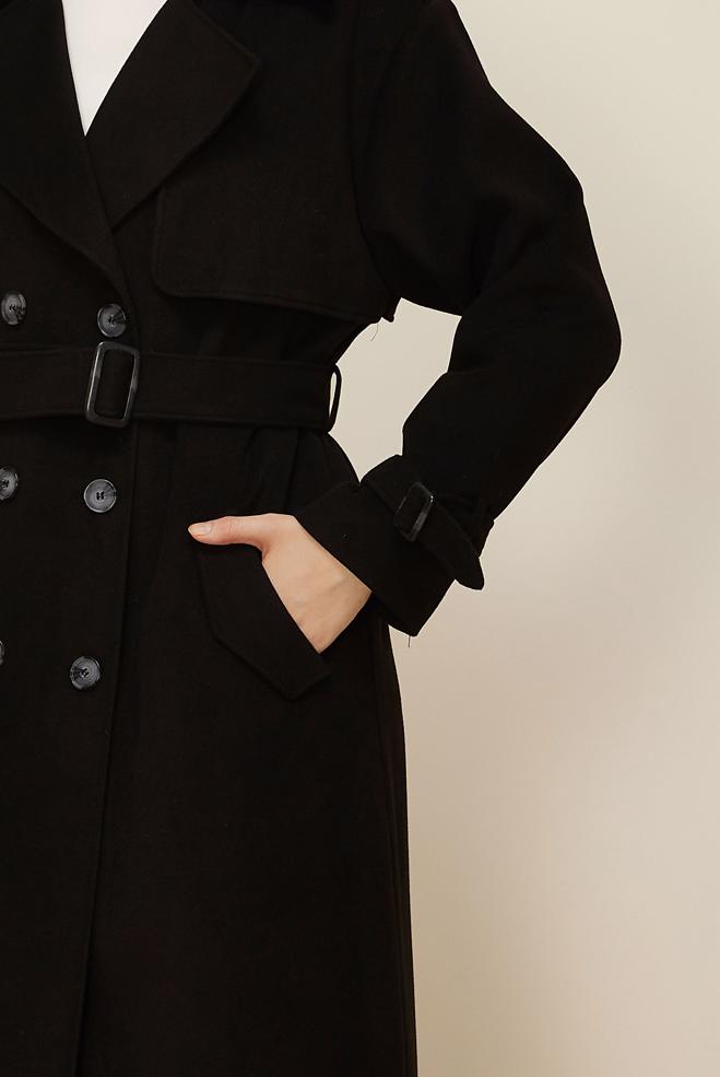 Tesettür giyim SİYAH KEMERLİ KAŞE MANTO 90635 - ALVİNA