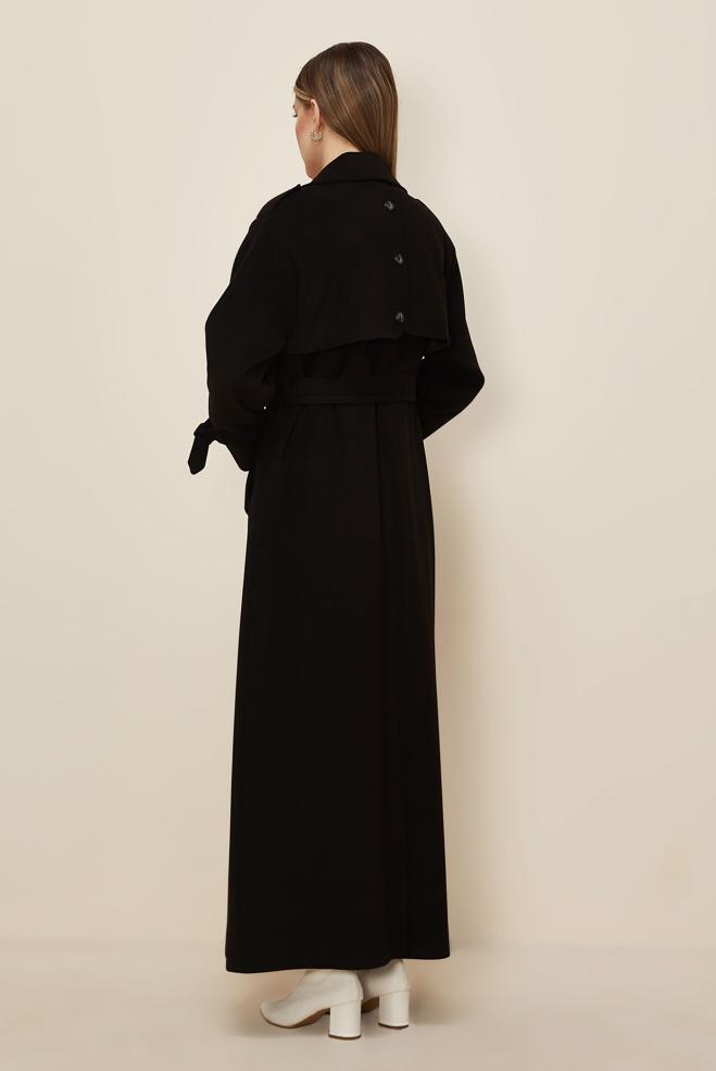 Tesettür giyim SİYAH KEMERLİ KAŞE MANTO 90635 - ALVİNA