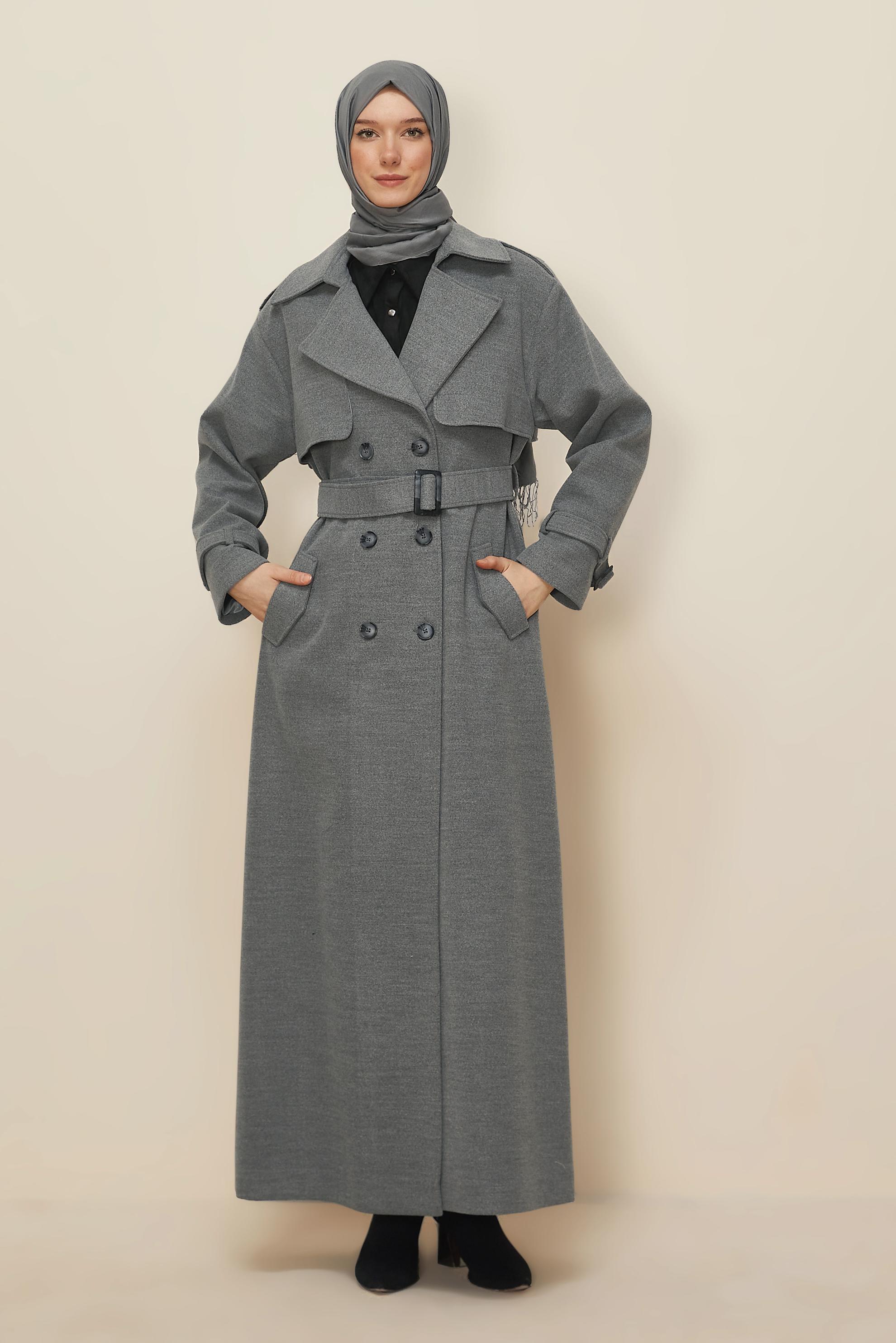Tesettür giyim GRİ KEMERLİ KAŞE MANTO 90635