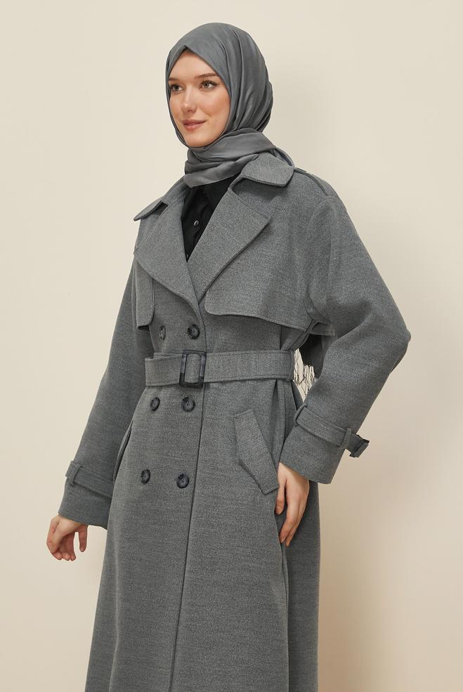 Tesettür giyim GRİ KEMERLİ KAŞE MANTO 90635 - ALVİNA