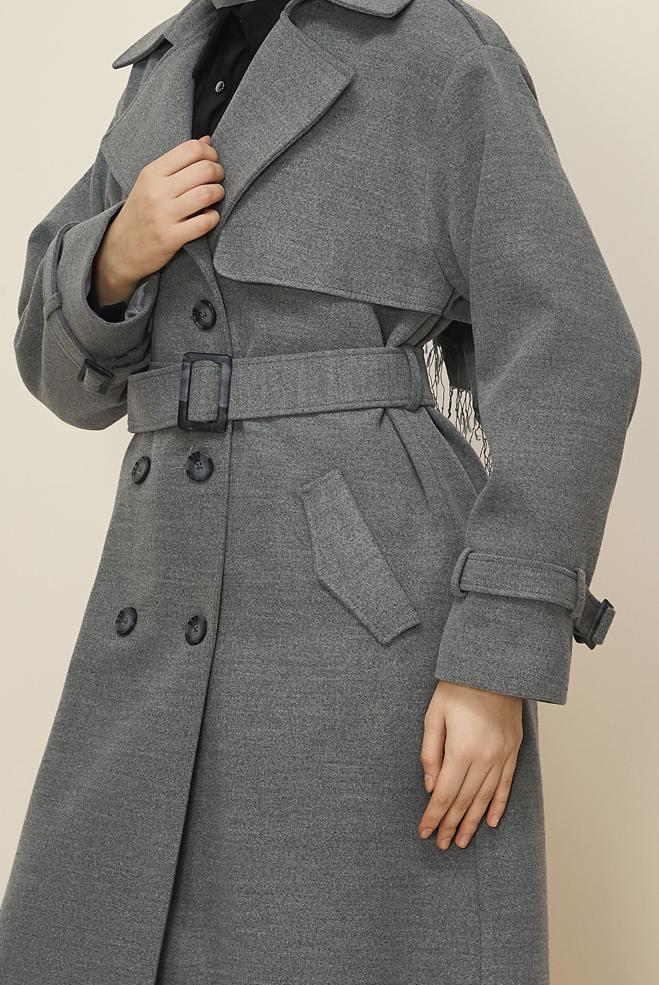 Tesettür giyim GRİ KEMERLİ KAŞE MANTO 90635 - ALVİNA