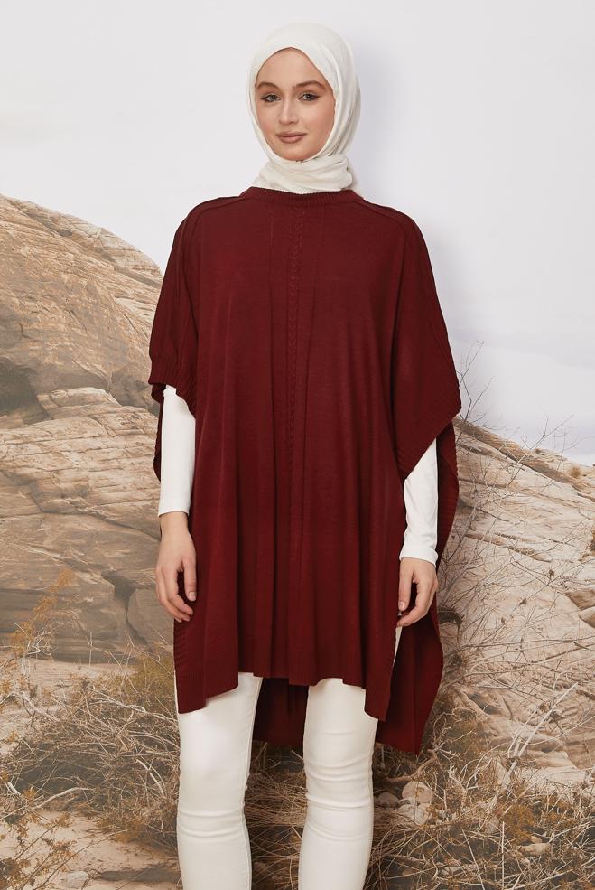 Hijab clothing CLARET RED KNITWEAR PONCHO 45896 - ALVİNA