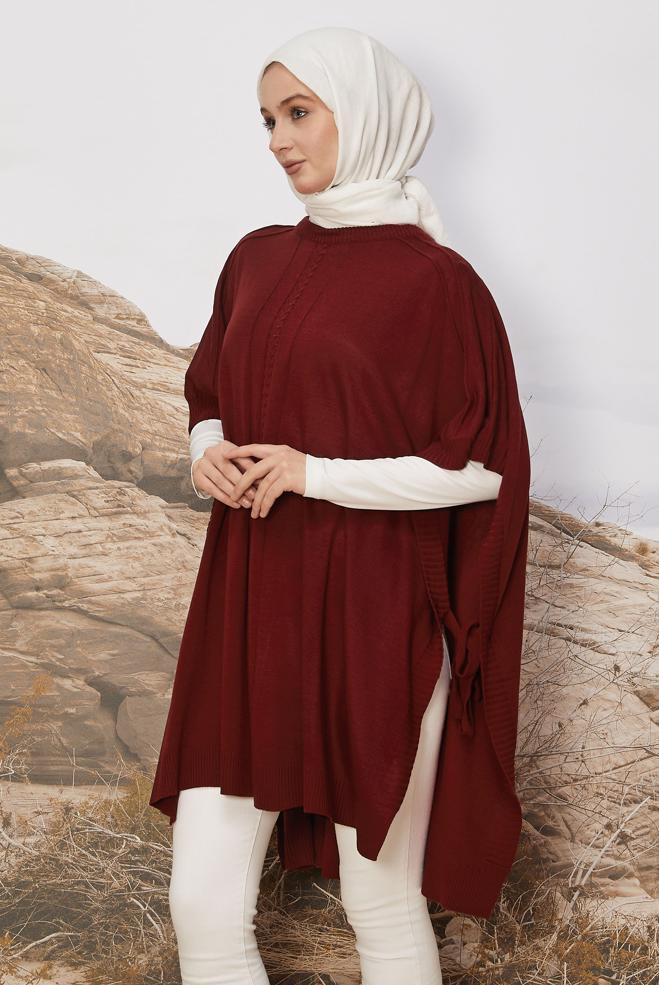 Hijab clothing CLARET RED KNITWEAR PONCHO 45896 - ALVİNA