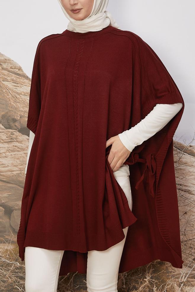 Hijab clothing CLARET RED KNITWEAR PONCHO 45896 - ALVİNA