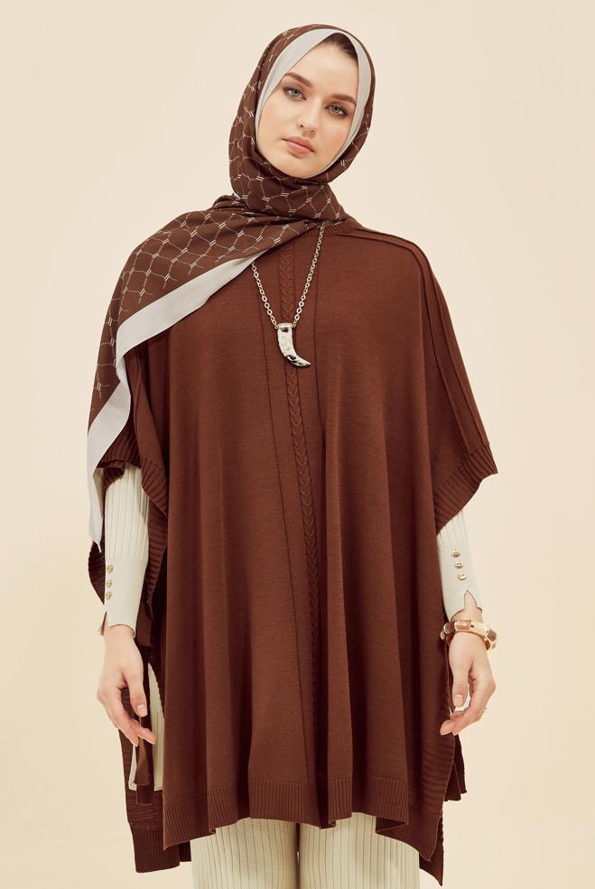 Tesettür giyim KAHVE TRİKO PANÇO 45896 - ALVİNA